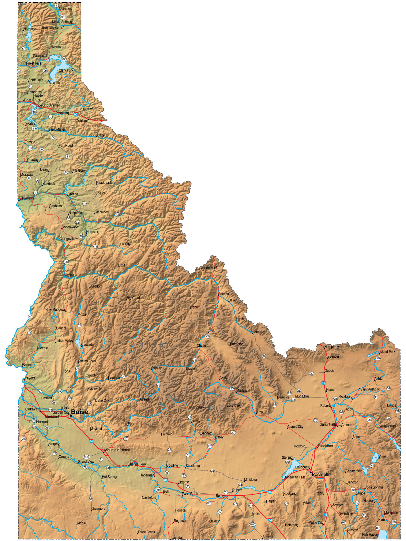 Detailed Idaho Map - ID Terrain Map